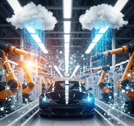 Smart production line with orchestrated robots and connected car